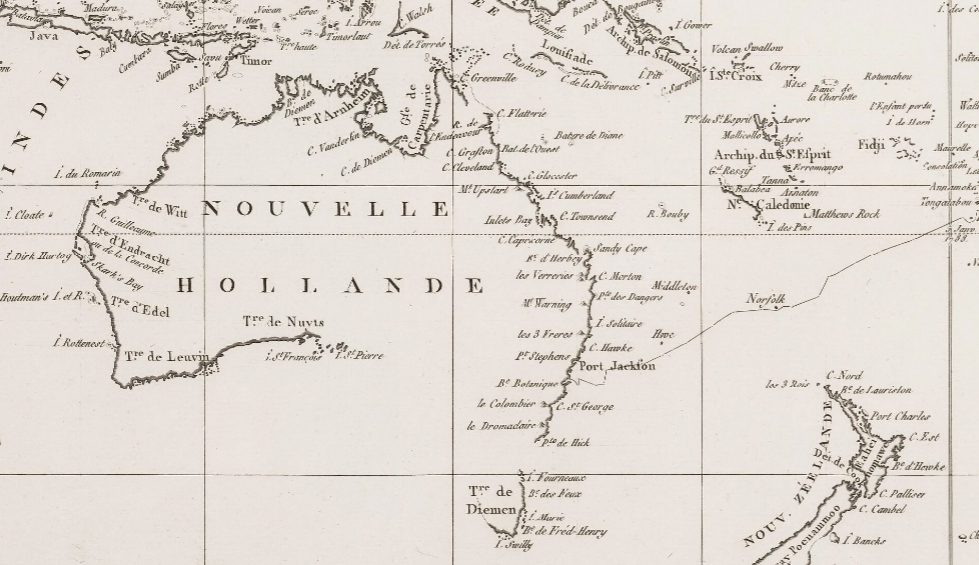 Detail map from the Atlas du voyage de La P&eacute;rouse showing the route of La Boussole and L&rsquo;Astrolabe