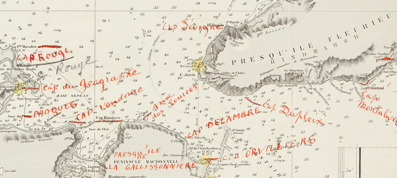 Detail map of South Australia showing French names in red sought for restoration by Alphonse de Fleurieu
