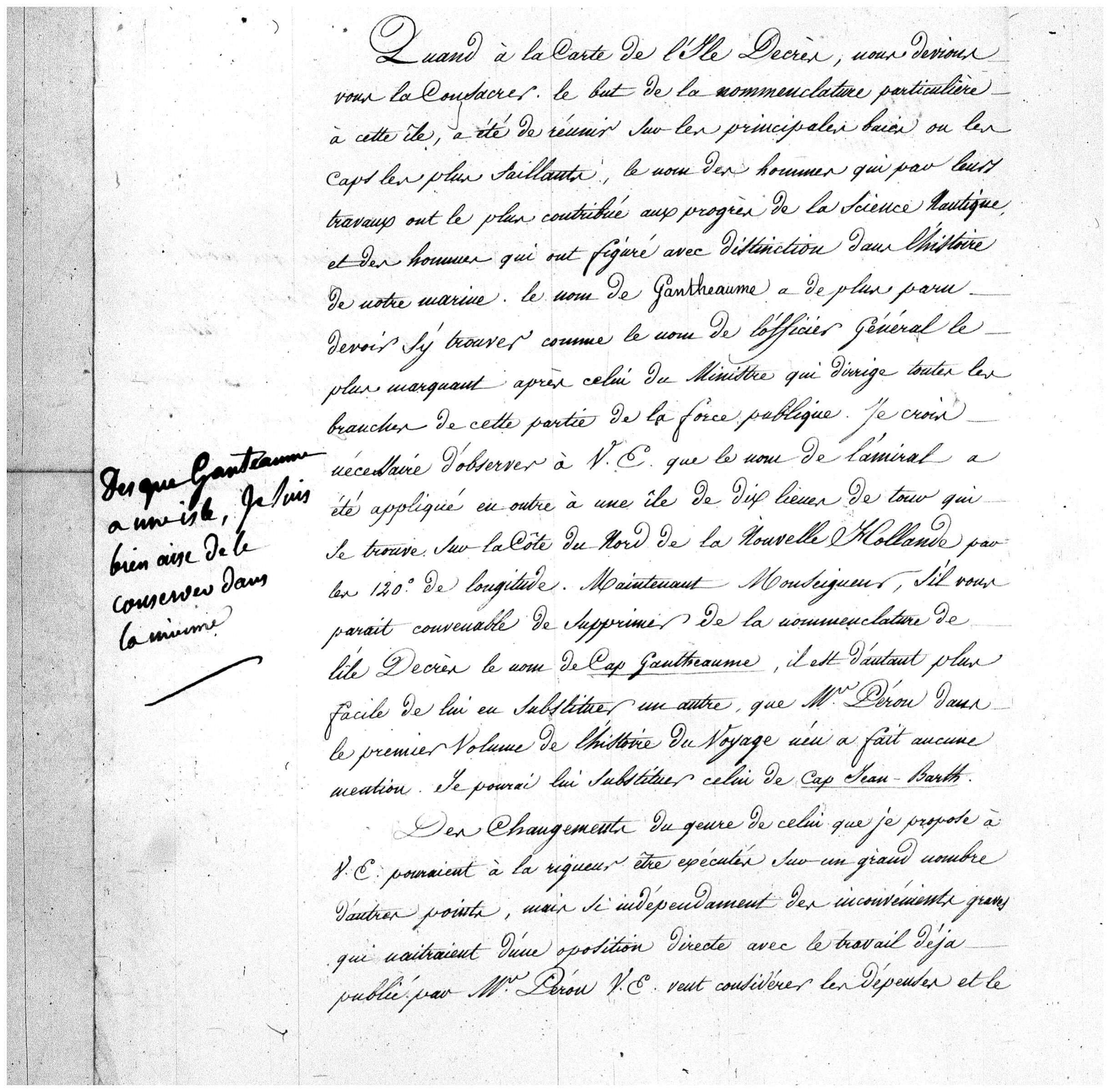 Letter by Louis de Freycinet concerning the naming of Cape Gantheaume